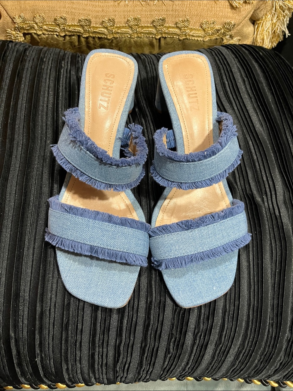 SCHUTZ Denim Fringe Double-Strap Slide Sandals - Light Blue and Navy (SZ. 9)